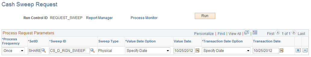 Cash Sweep Request page