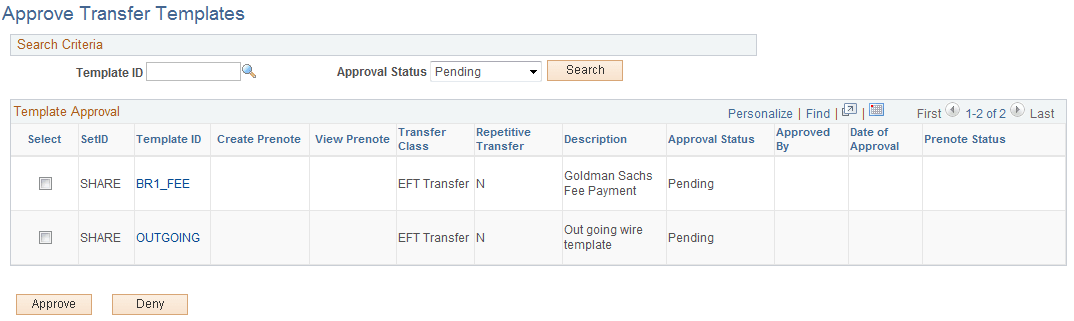 Approve Transfer Templates page
