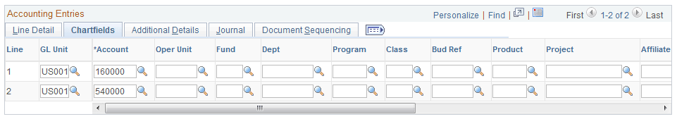 Accounting Entries page - Chartfields tab