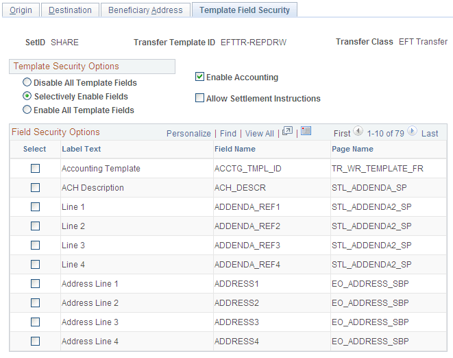 Enter Transfer Templates - Template Field Security page