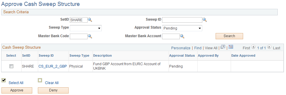 Approve Cash Sweep Structure page