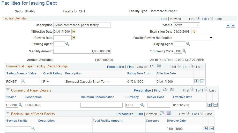 Facilities for Issuing Debt page for a Commercial Paper facility (1 of 2)