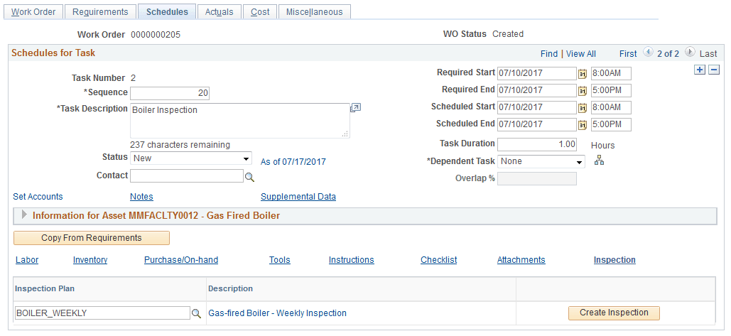 Work Order Schedules Page Inspection Tab