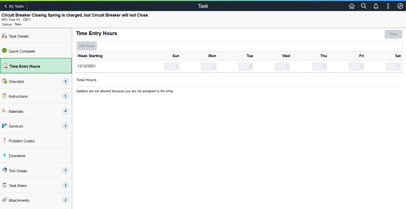 Time Entry Hours page