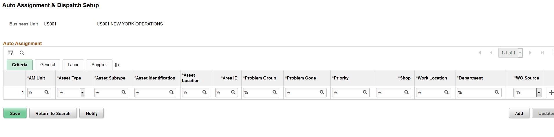 &Auto Assignment & Dispatch Setup - Criteria page