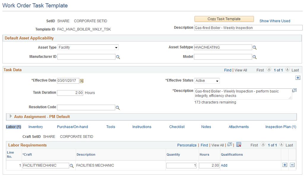 Work Order Task Template Page