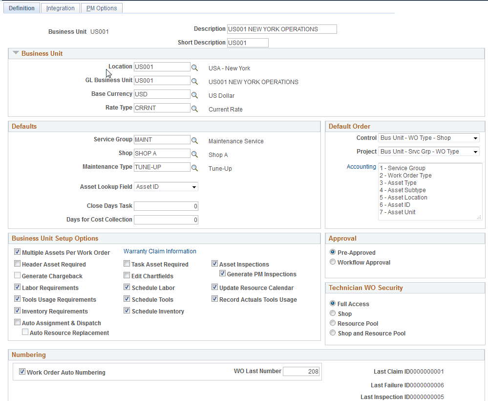 Work Order - Definition page