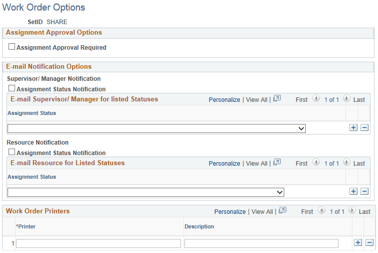 Work Order Options Page