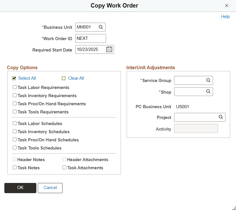 Copy Work Order page - Interunit
