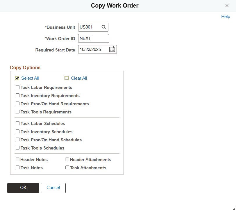 Copy Work Order page
