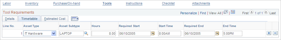Requirements page - Tool Requirements, Timetable tab