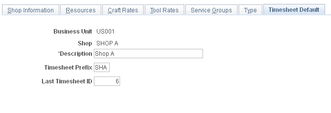 Define Shop - Timesheet Defaults page