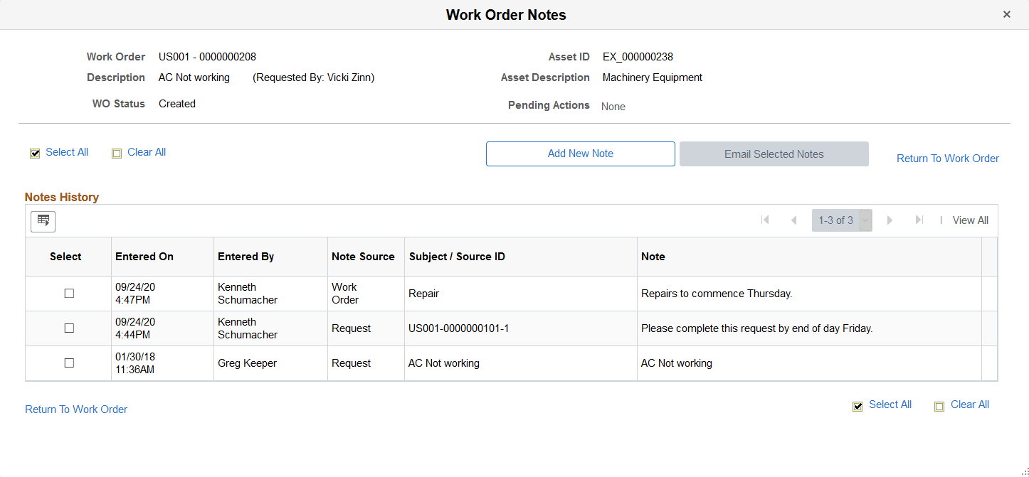 Work Order Notes page