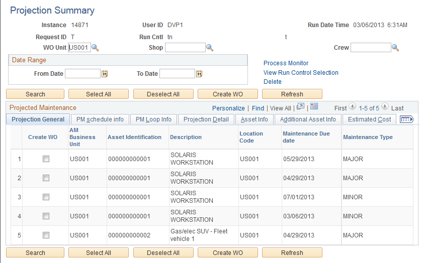 View Projection Summary - Projection Summary page