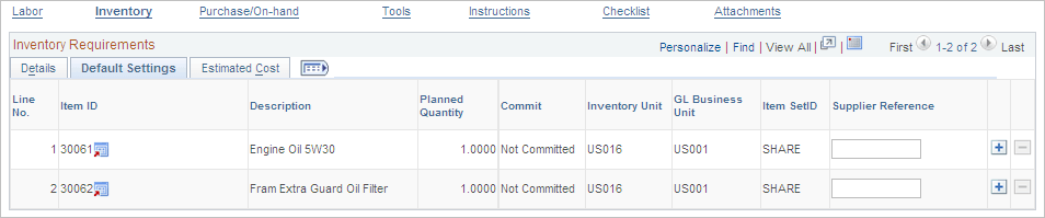 Requirements page - Inventory Requirements Default Settings tab