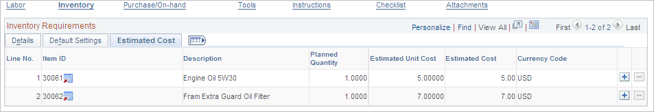 Requirements page - Inventory Requirements Estimated Cost tab