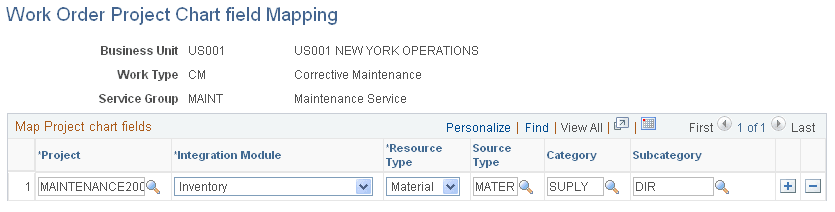 Work Order Project ChartField Mapping page