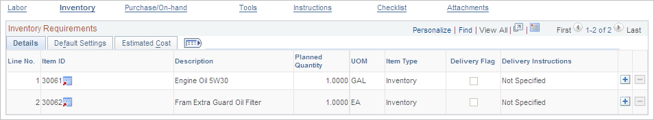 Requirements page - Inventory Requirements Details tab