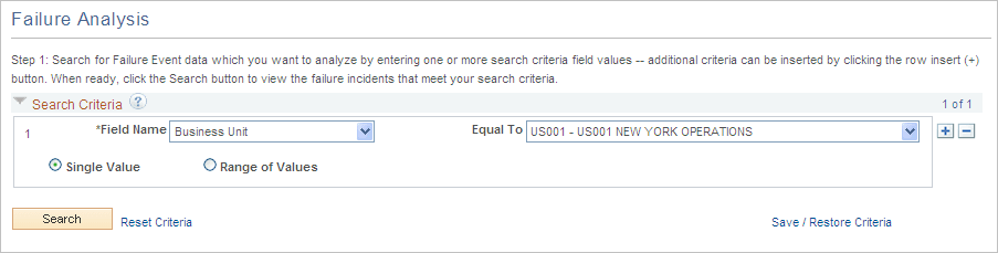 Feature Analysis page - Search Criteria