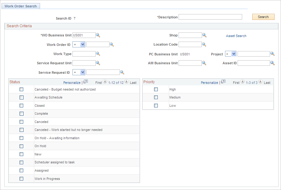Work Order History - Work Order Search page