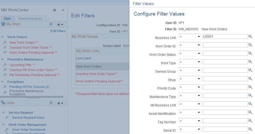 Configure Filter Values page