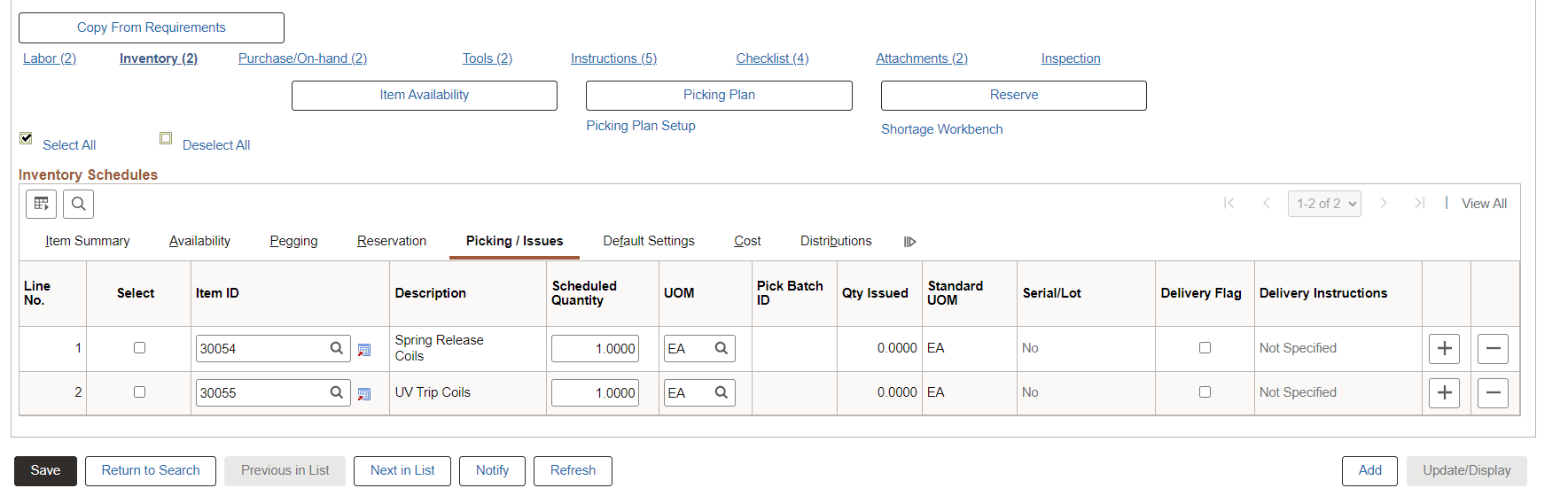 Inventory Schedules Picking / Issues tab on Schedules page