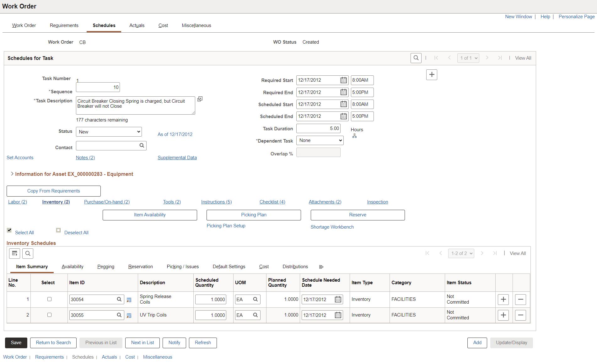 Schedules page - Inventory Schedules
