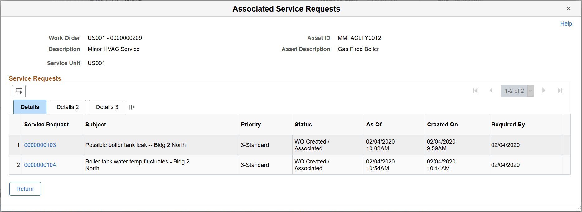 Associated Service Requests page
