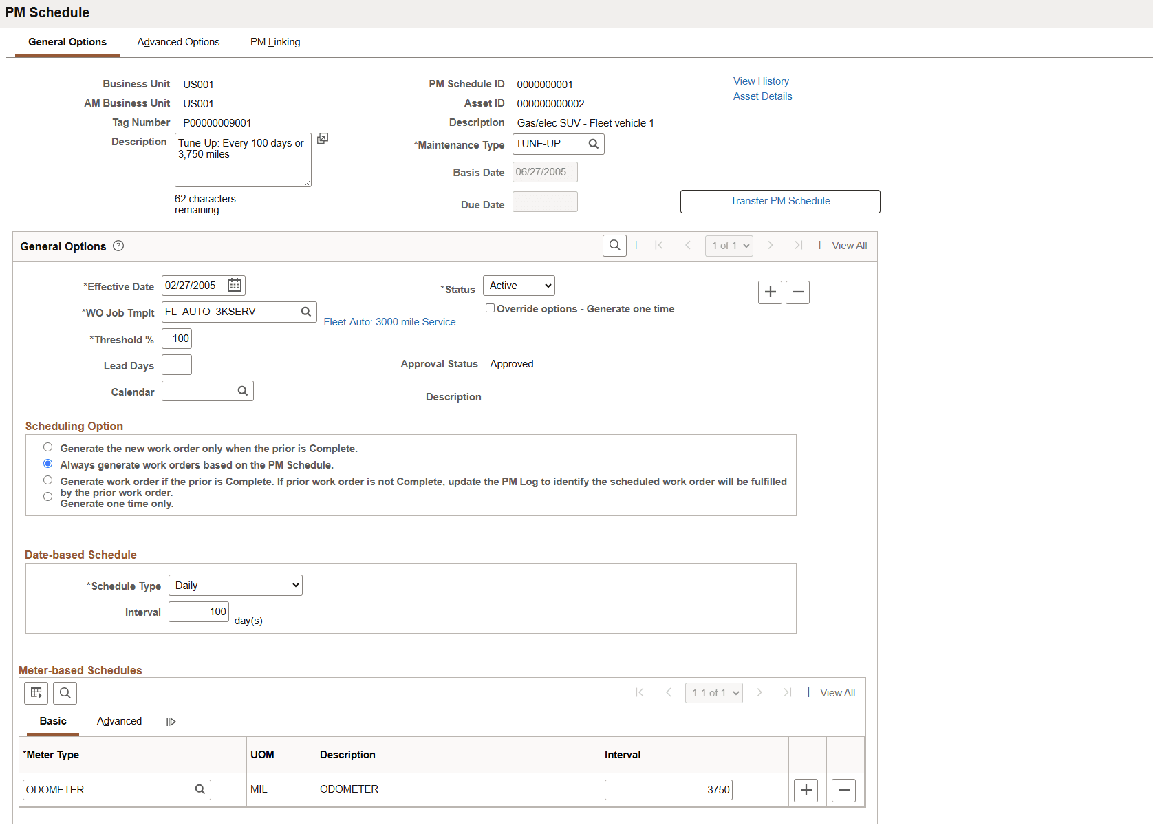 PM Schedule - General Options page
