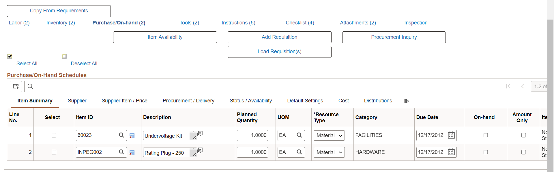 Purchase/On-Hand Schedules - Item Summary Tab