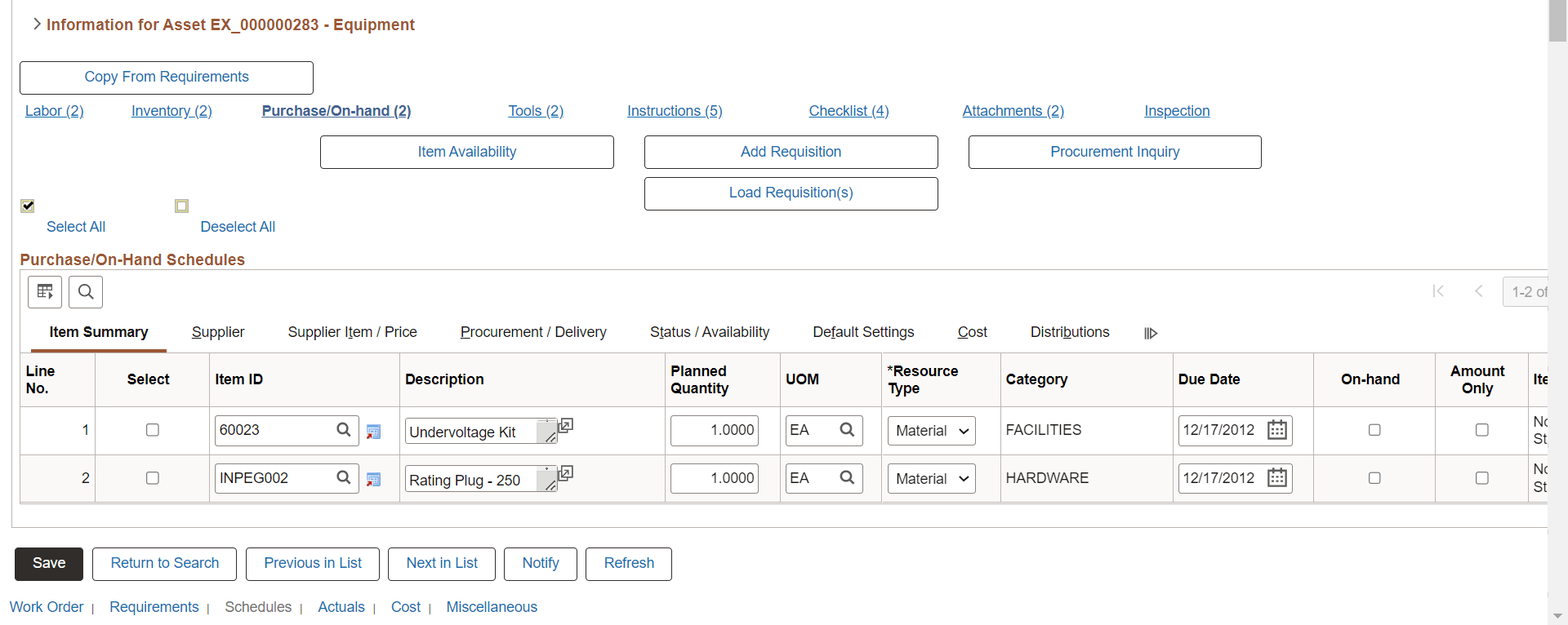 Schedules page - Purchase/On-Hand Schedules (2 of 2)