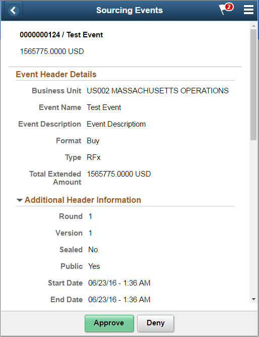 Event Approval page as displayed on a smartphone