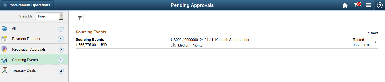 Pending Approvals - Sourcing Events list page