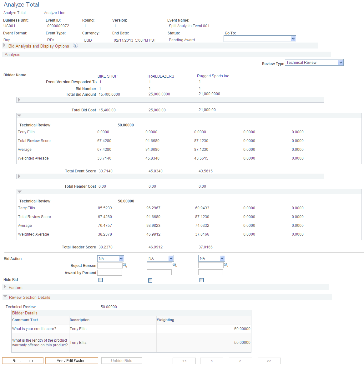Analyze Total page, pending award after split analysis collaboration