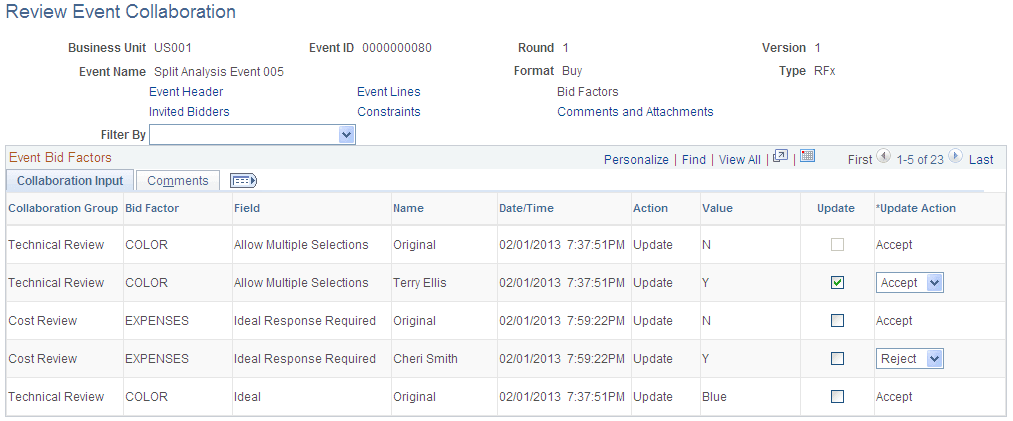 Review Event Collaboration page (1 of 2)