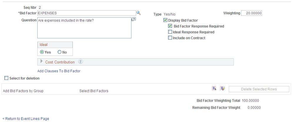 Modify an Event - Line Bid Factors page during split analysis collaboration (2 of 2)