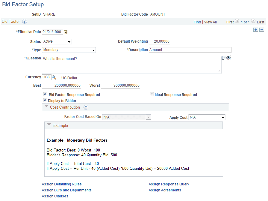 Bid Factor Setup page (using a Monetary bid factor type)