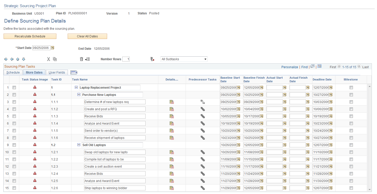 Define Sourcing Plan Details page: More Dates tab