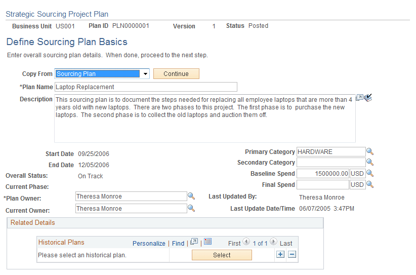 Define Sourcing Plan Basics page