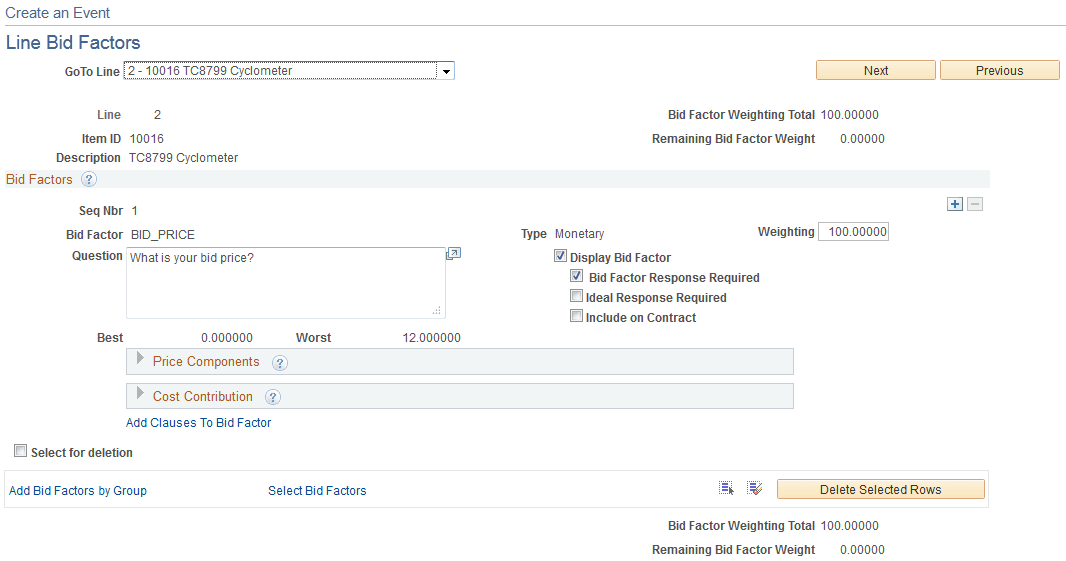 Line Bid Factors page