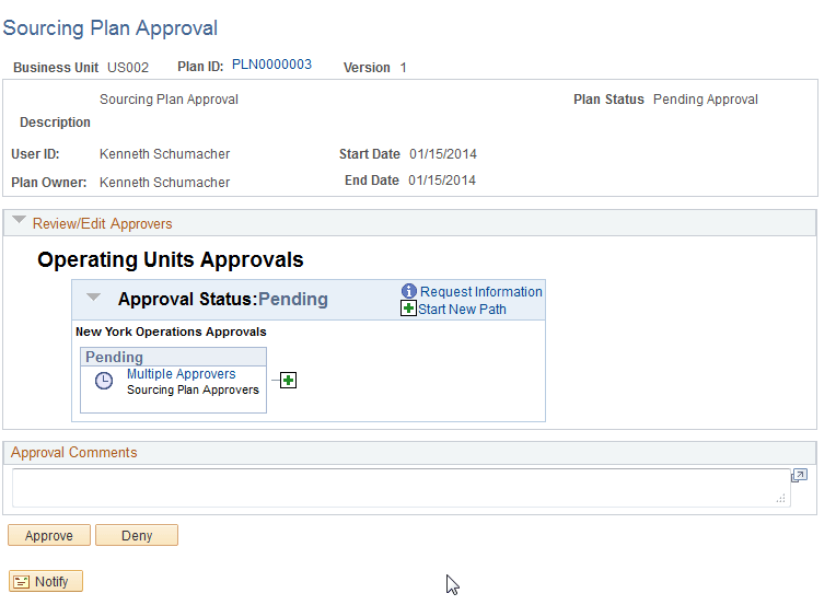 Sourcing Plan Approval page