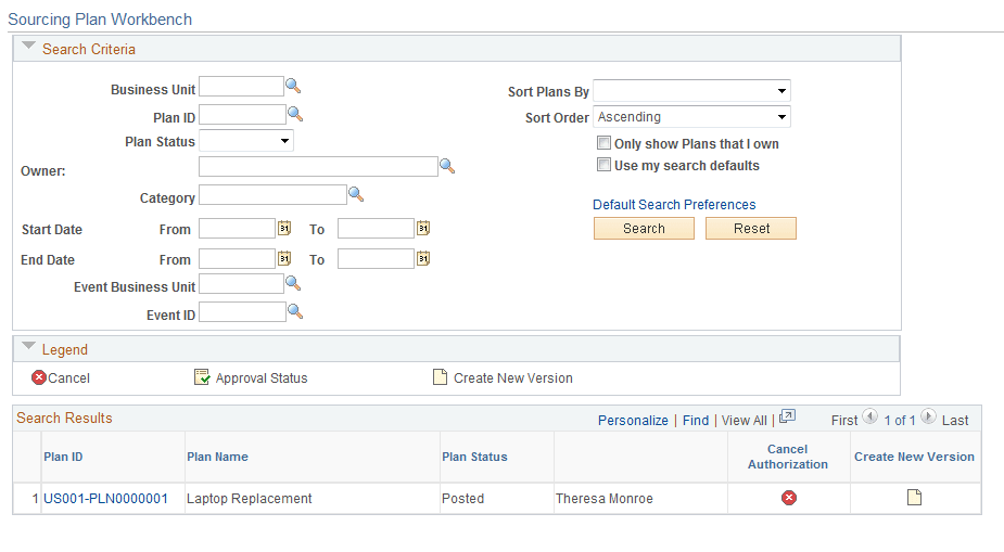 Sourcing Plan Workbench page