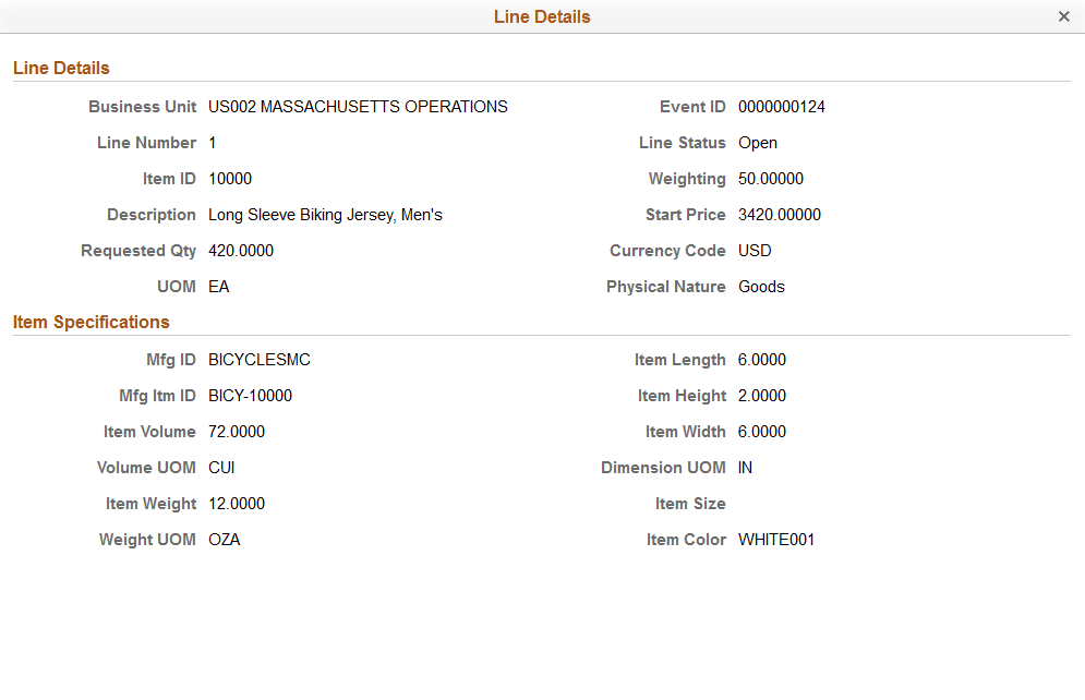 Sourcing Events (Line Detail) page