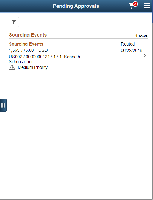 Pending Approvals - Sourcing Events list page as displayed on a smartphone