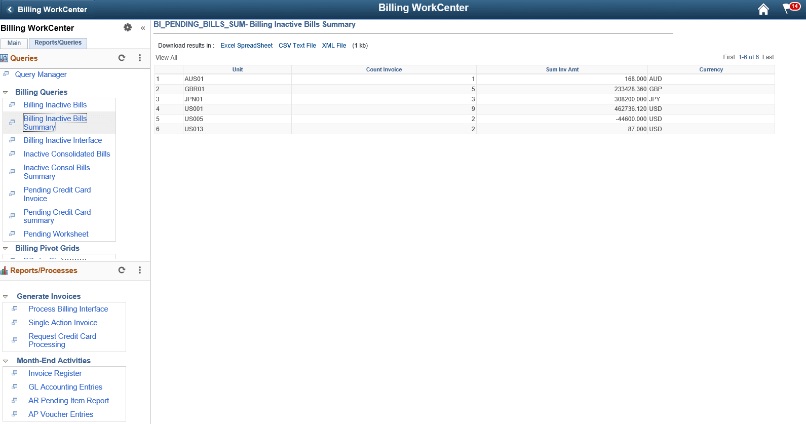 Billing WorkCenter Queries pagelet