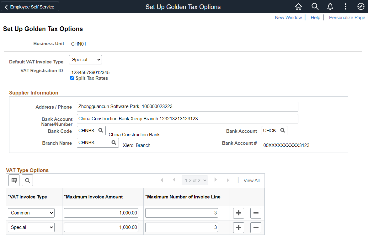 Set Up Golden Tax Options