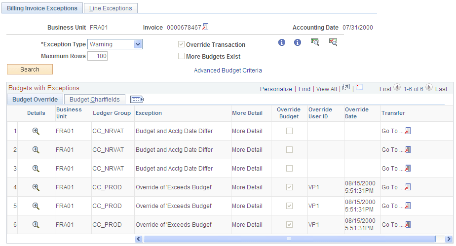 Billing Invoice Exceptions Page