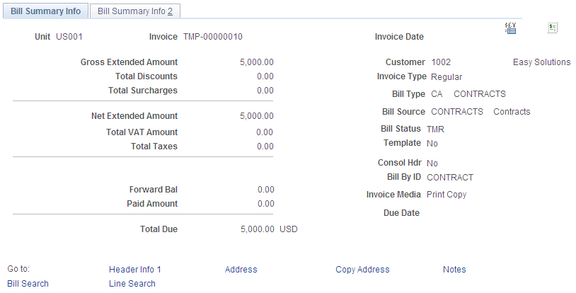 Bill Summary Info page