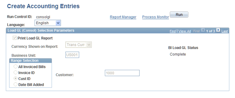 Displaying the updated BI Load GL status as Complete, and the parameters that are not available for edit