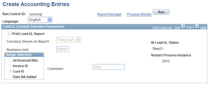 Displaying the BI Load GL status of the aborted request and the Restart Process Instance number
